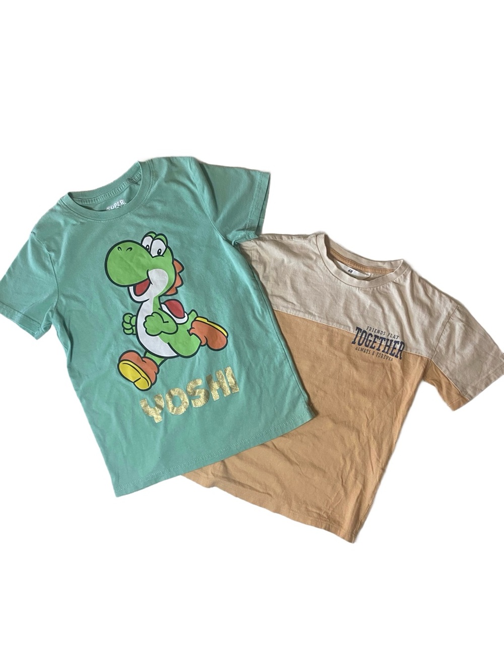 Boys 2 T- shirts 1 Green Yoshi Graphic Tee & Beige “Friends” Short Sleeve Size 6